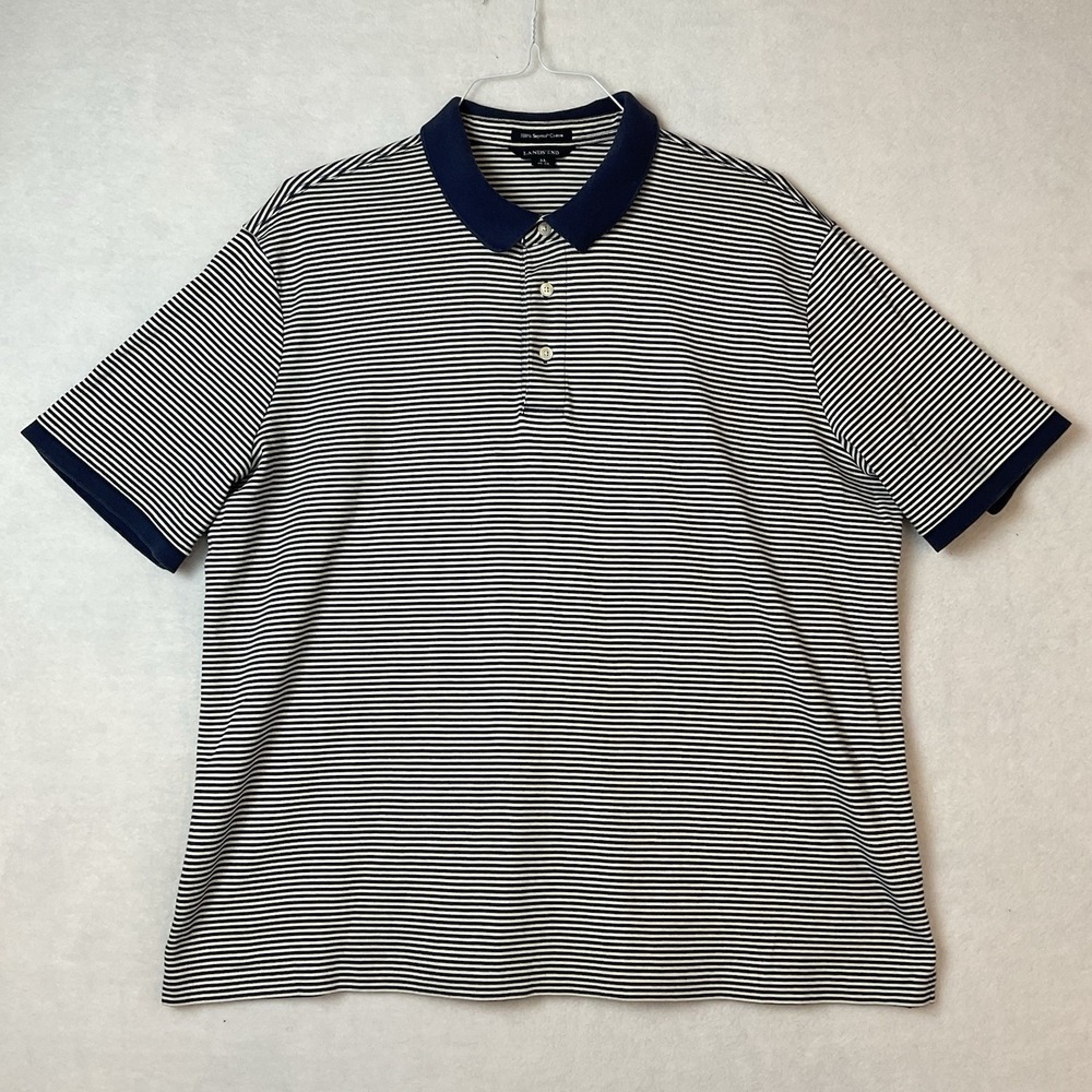 Lands End Polo Shirt Mens XL Blue White Striped Knit Short Sleeve Supima Cotton
